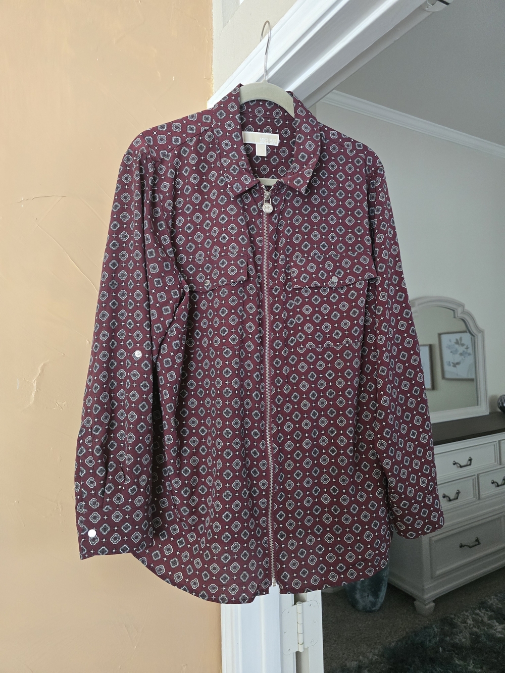 MICHAEL Michael Kors Burgundy Printed Zip-Front Blouse